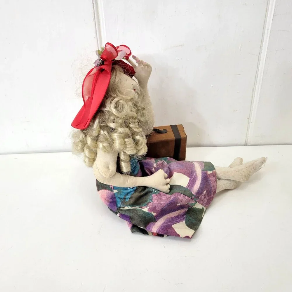 Handmade Fabric Artist Doll With Curly Hair & Red Hat Holding Suitcase - Picture 3 of 8